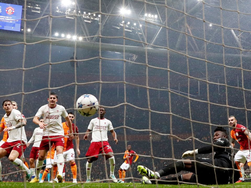 Galatasaray's Hakim Ziyech scores their second goal past Manchester United's Andre Onana