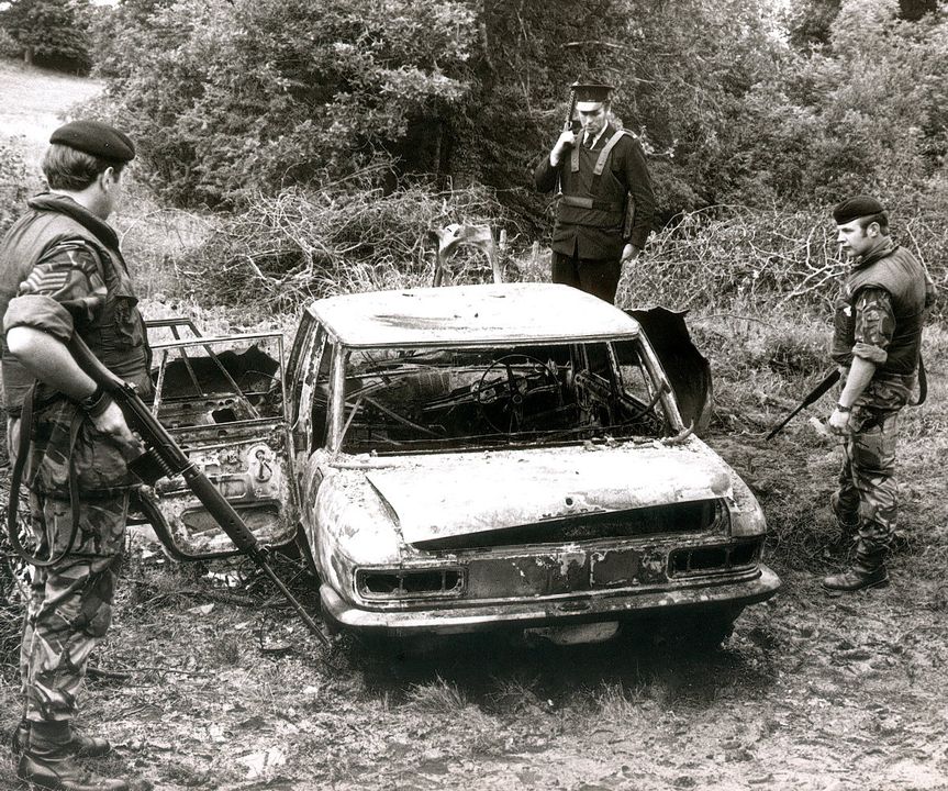 Photograph shows the burned out car of murdered Patsy Kelly