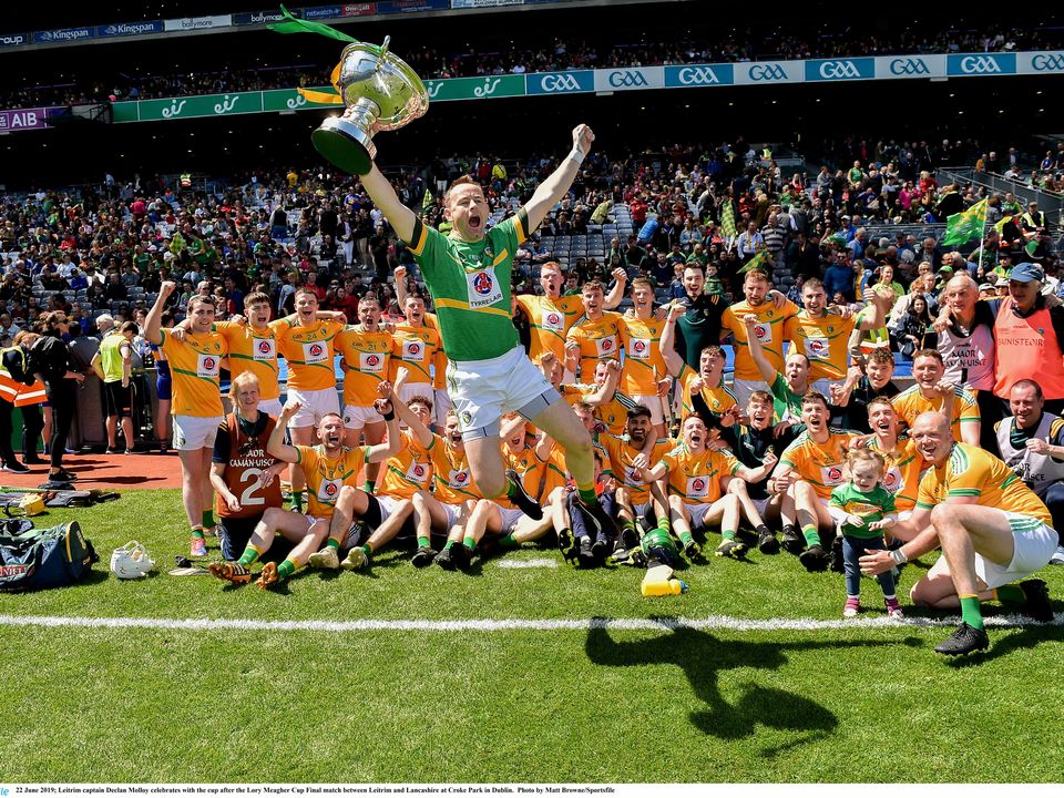 Leitrim captain Declan Molloy celebrates with the cup after the Lory Meagher Cup Final match between Leitrim and Lancashire at Croke Park in Dublin.  Photo by Matt Browne/Sportsfile