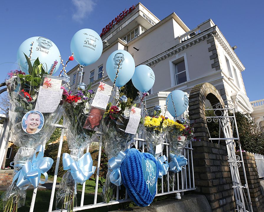 Flowers and balloons at the Regency after David Byrne’s murder