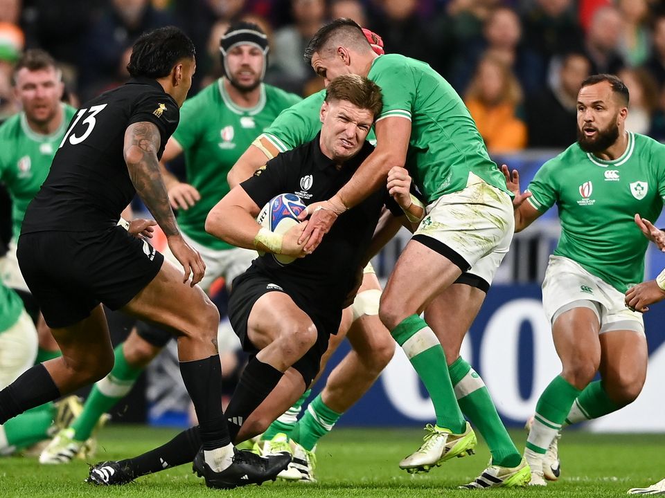 Sexton tackles Jordie Barrett during last weekend’s epic quarter-final